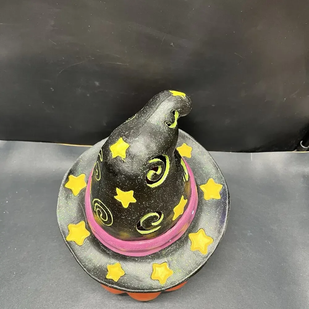 Goofy Pumpkin Wearing A Witch Hat MULTI Dancing Blink Light Up Halloween Decor.